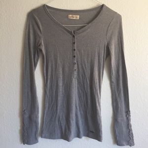 Gray Long Sleeve Shirt with Buttons and Lace
